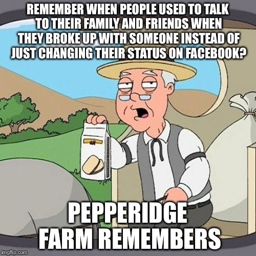 Pepperidge Farm Remembers | REMEMBER WHEN PEOPLE USED TO TALK TO THEIR FAMILY AND FRIENDS WHEN THEY BROKE UP WITH SOMEONE INSTEAD OF JUST CHANGING THEIR STATUS ON FACEB | image tagged in memes,pepperidge farm remembers | made w/ Imgflip meme maker