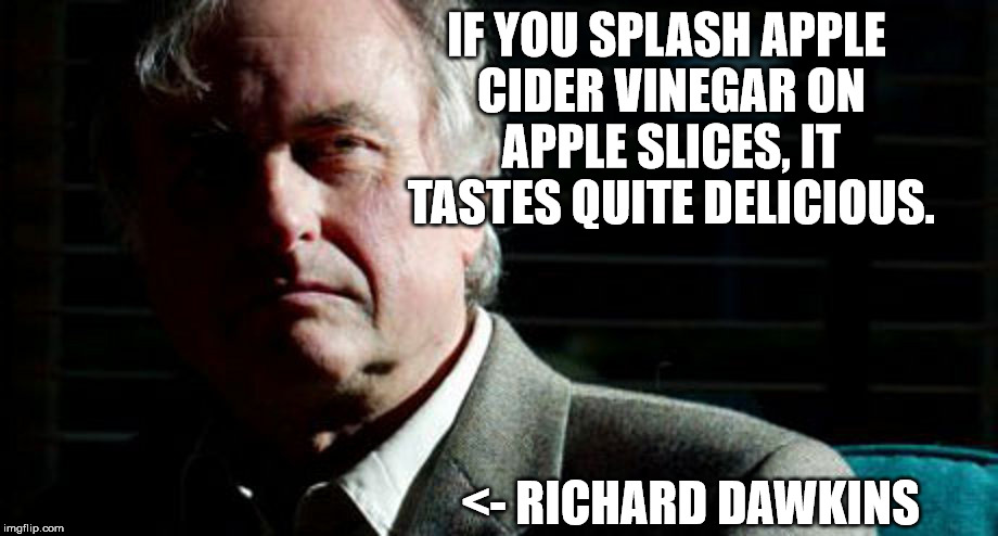 IF YOU SPLASH APPLE CIDER VINEGAR ON APPLE SLICES, IT TASTES QUITE DELICIOUS. <- RICHARD DAWKINS | made w/ Imgflip meme maker