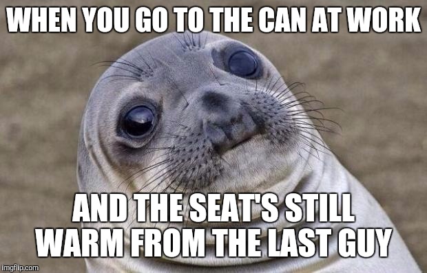 Awkward Moment Sealion Meme | WHEN YOU GO TO THE CAN AT WORK AND THE SEAT'S STILL WARM FROM THE LAST GUY | image tagged in memes,awkward moment sealion | made w/ Imgflip meme maker