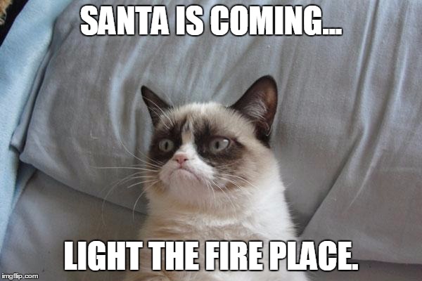 Grumpy Cat Bed Meme | SANTA IS COMING... LIGHT THE FIRE PLACE. | image tagged in memes,grumpy cat bed,grumpy cat | made w/ Imgflip meme maker