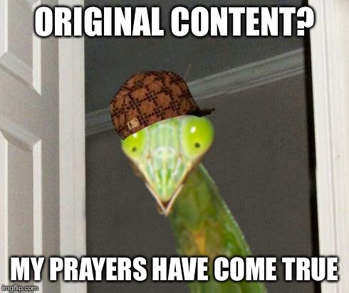 Scumbag Mantis | ORIGINAL CONTENT? MY PRAYERS HAVE COME TRUE | image tagged in scumbag mantis | made w/ Imgflip meme maker