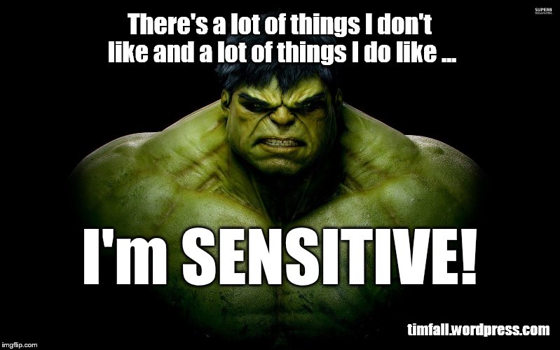 Even Hulk has his sensitive side | There's a lot of things I don't like and a lot of things I do like ... timfall.wordpress.com I'm SENSITIVE! | image tagged in hulk,sensitive | made w/ Imgflip meme maker