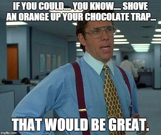 That Would Be Great | IF YOU COULD.... YOU KNOW.... SHOVE AN ORANGE UP YOUR CHOCOLATE TRAP... THAT WOULD BE GREAT. | image tagged in memes,that would be great | made w/ Imgflip meme maker