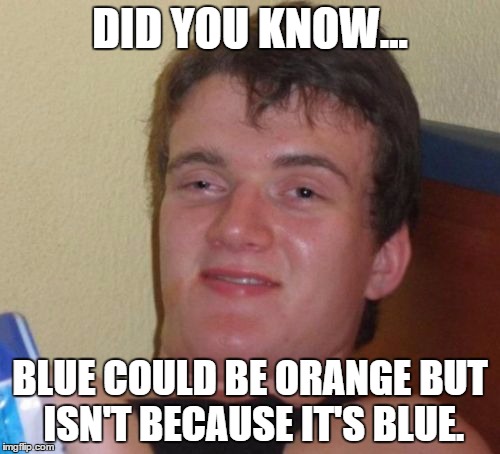 10 Guy | DID YOU KNOW... BLUE COULD BE ORANGE BUT ISN'T BECAUSE IT'S BLUE. | image tagged in memes,10 guy | made w/ Imgflip meme maker