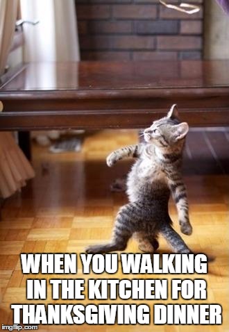 Sweg | WHEN YOU WALKING IN THE KITCHEN FOR THANKSGIVING DINNER | image tagged in memes,cool cat stroll | made w/ Imgflip meme maker