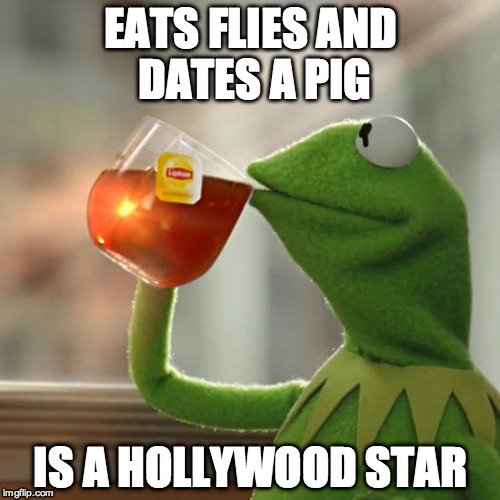 But That's None Of My Business | EATS FLIES AND DATES A PIG IS A HOLLYWOOD STAR | image tagged in memes,but thats none of my business,kermit the frog | made w/ Imgflip meme maker