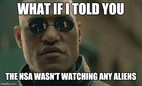 Matrix Morpheus Meme | WHAT IF I TOLD YOU THE NSA WASN'T WATCHING ANY ALIENS | image tagged in memes,matrix morpheus | made w/ Imgflip meme maker