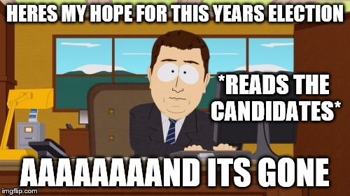 Aaaaand Its Gone | HERES MY HOPE FOR THIS YEARS ELECTION AAAAAAAAND ITS GONE *READS THE CANDIDATES* | image tagged in memes,aaaaand its gone | made w/ Imgflip meme maker