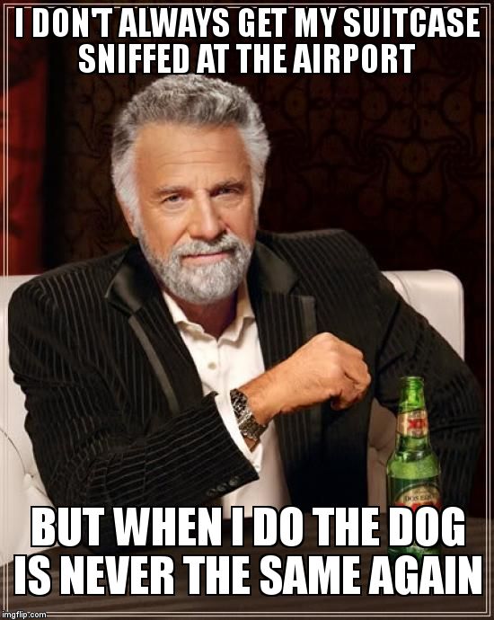 The Most Interesting Man In The World Meme | I DON'T ALWAYS GET MY SUITCASE SNIFFED AT THE AIRPORT  BUT WHEN I DO THE DOG IS NEVER THE SAME AGAIN | image tagged in memes,the most interesting man in the world | made w/ Imgflip meme maker
