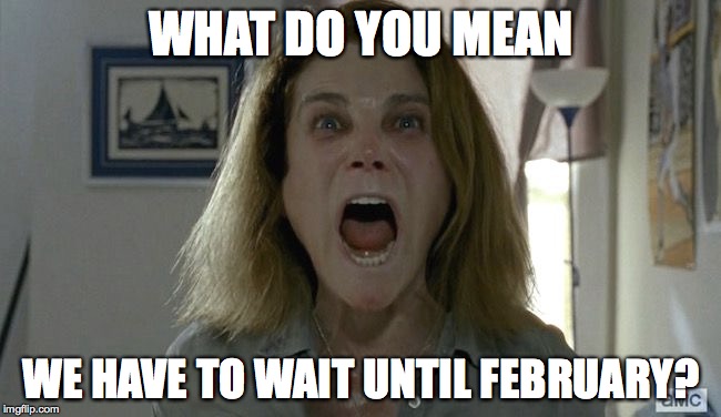 Waiting sucks! | WHAT DO YOU MEAN WE HAVE TO WAIT UNTIL FEBRUARY? | image tagged in the walking dead | made w/ Imgflip meme maker