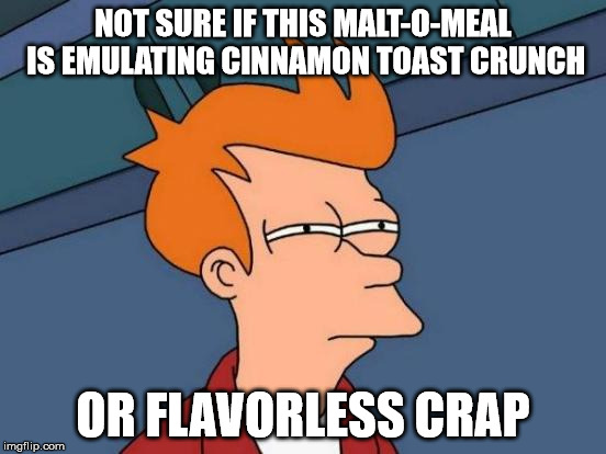 Futurama Fry Meme | NOT SURE IF THIS MALT-O-MEAL IS EMULATING CINNAMON TOAST CRUNCH OR FLAVORLESS CRAP | image tagged in memes,futurama fry | made w/ Imgflip meme maker