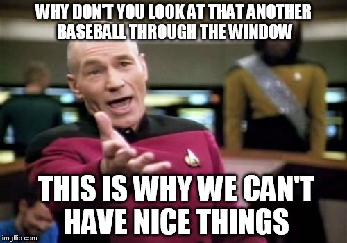 baseballs... You just gotta love it  | WHY DON'T YOU LOOK AT THAT ANOTHER BASEBALL THROUGH THE WINDOW THIS IS WHY WE CAN'T HAVE NICE THINGS | image tagged in memes,picard wtf | made w/ Imgflip meme maker