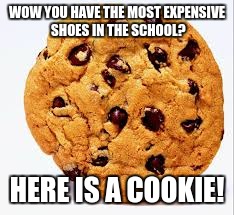 WOW YOU HAVE THE MOST EXPENSIVE SHOES IN THE SCHOOL? HERE IS A COOKIE! | image tagged in me to people at school | made w/ Imgflip meme maker