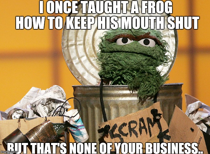 O.G. stands for Oscar Grouch! | I ONCE TAUGHT A FROG HOW TO KEEP HIS MOUTH SHUT BUT THAT'S NONE OF YOUR BUSINESS.. | image tagged in oscar the grouch,funny | made w/ Imgflip meme maker
