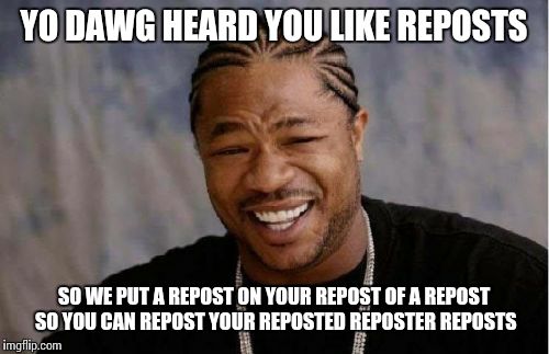 Yo Dawg Heard You Meme | YO DAWG HEARD YOU LIKE REPOSTS SO WE PUT A REPOST ON YOUR REPOST OF A REPOST SO YOU CAN REPOST YOUR REPOSTED REPOSTER REPOSTS | image tagged in memes,yo dawg heard you | made w/ Imgflip meme maker