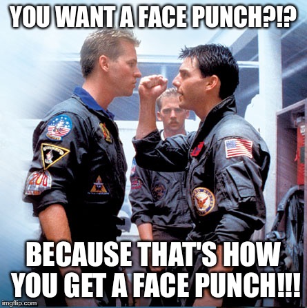 YOU WANT A FACE PUNCH?!? BECAUSE THAT'S HOW YOU GET A FACE PUNCH!!! | image tagged in tom cruise,top gun | made w/ Imgflip meme maker