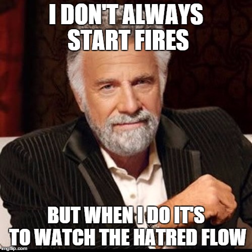 Hatred Flow Free | I DON'T ALWAYS START FIRES BUT WHEN I DO IT'S TO WATCH THE HATRED FLOW | image tagged in hatred,i dont always,fires,anger,flame war | made w/ Imgflip meme maker