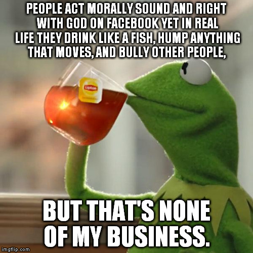 But That's None Of My Business | PEOPLE ACT MORALLY SOUND AND RIGHT WITH GOD ON FACEBOOK YET IN REAL LIFE THEY DRINK LIKE A FISH, HUMP ANYTHING THAT MOVES, AND BULLY OTHER P | image tagged in memes,but thats none of my business,kermit the frog | made w/ Imgflip meme maker