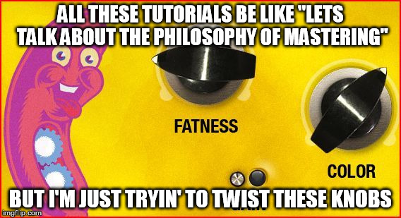 TWIST THESE KNOBS | ALL THESE TUTORIALS BE LIKE "LETS TALK ABOUT THE PHILOSOPHY OF MASTERING" BUT I'M JUST TRYIN' TO TWIST THESE KNOBS | image tagged in music,producer,sausage fattener,knobs,fatness,color | made w/ Imgflip meme maker