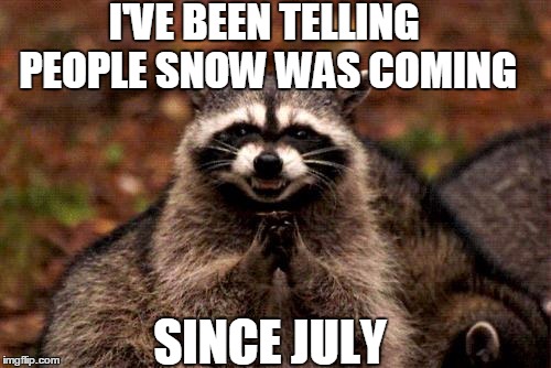 Evil Plotting Raccoon | I'VE BEEN TELLING PEOPLE SNOW WAS COMING SINCE JULY | image tagged in memes,evil plotting raccoon | made w/ Imgflip meme maker