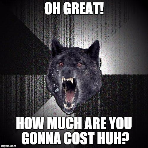Insanity Wolf | OH GREAT! HOW MUCH ARE YOU GONNA COST HUH? | image tagged in memes,insanity wolf,AdviceAnimals | made w/ Imgflip meme maker