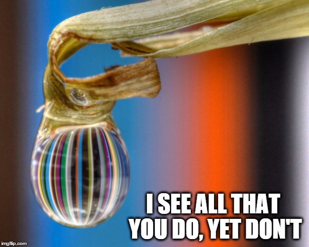 I SEE ALL THAT YOU DO, YET DON'T | image tagged in water droplet rainbow | made w/ Imgflip meme maker