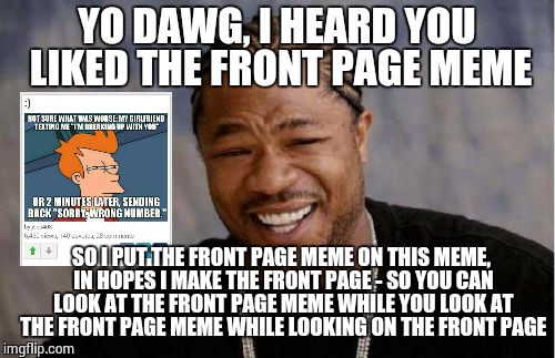 Yo Dawg Heard You Meme | YO DAWG, I HEARD YOU LIKED THE FRONT PAGE MEME SO I PUT THE FRONT PAGE MEME ON THIS MEME, IN HOPES I MAKE THE FRONT PAGE - SO YOU CAN LOOK A | image tagged in memes,yo dawg heard you | made w/ Imgflip meme maker