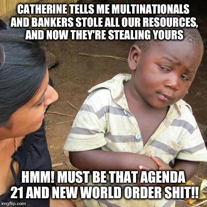 Third World Skeptical Kid | CATHERINE TELLS ME MULTINATIONALS AND BANKERS STOLE ALL OUR RESOURCES, AND NOW THEY'RE STEALING YOURS HMM! MUST BE THAT AGENDA 21 AND NEW WO | image tagged in memes,third world skeptical kid | made w/ Imgflip meme maker