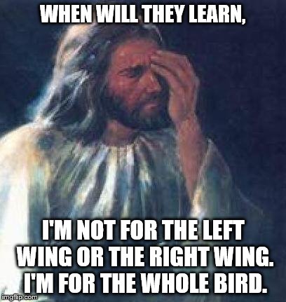 jesus facepalm | WHEN WILL THEY LEARN, I'M NOT FOR THE LEFT WING OR THE RIGHT WING. I'M FOR THE WHOLE BIRD. | image tagged in jesus facepalm | made w/ Imgflip meme maker