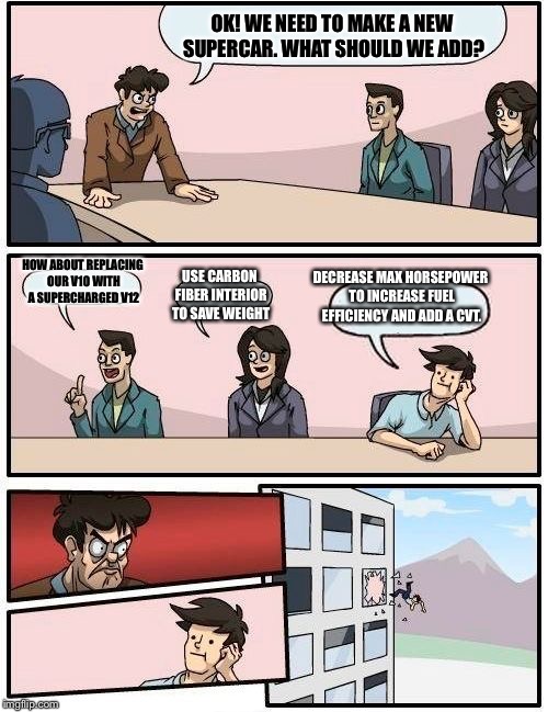 How not to make a car | OK! WE NEED TO MAKE A NEW SUPERCAR. WHAT SHOULD WE ADD? HOW ABOUT REPLACING OUR V10 WITH A SUPERCHARGED V12 USE CARBON FIBER INTERIOR TO SAV | image tagged in memes,boardroom meeting suggestion | made w/ Imgflip meme maker