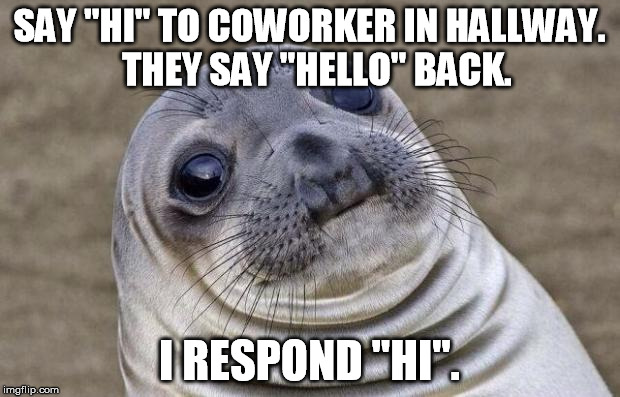 Awkward Moment Sealion Meme | SAY "HI" TO COWORKER IN HALLWAY.  THEY SAY "HELLO" BACK. I RESPOND "HI". | image tagged in memes,awkward moment sealion,funny | made w/ Imgflip meme maker