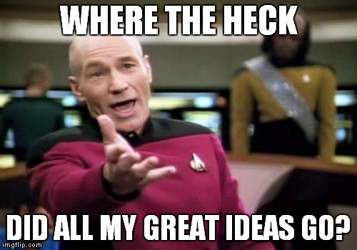 Picard Wtf | WHERE THE HECK DID ALL MY GREAT IDEAS GO? | image tagged in memes,picard wtf,great idea | made w/ Imgflip meme maker