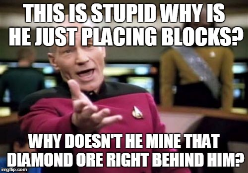 Picard Wtf | THIS IS STUPID WHY IS HE JUST PLACING BLOCKS? WHY DOESN'T HE MINE THAT DIAMOND ORE RIGHT BEHIND HIM? | image tagged in memes,picard wtf | made w/ Imgflip meme maker