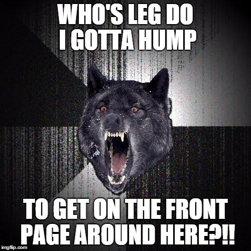 Insanity Wolf | WHO'S LEG DO I GOTTA HUMP TO GET ON THE FRONT PAGE AROUND HERE?!! | image tagged in memes,insanity wolf | made w/ Imgflip meme maker