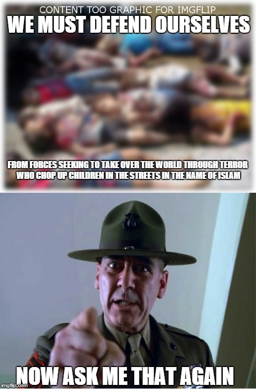 WE MUST DEFEND OURSELVES FROM FORCES SEEKING TO TAKE OVER THE WORLD THROUGH TERROR WHO CHOP UP CHILDREN IN THE STREETS IN THE NAME OF ISLAM  | made w/ Imgflip meme maker