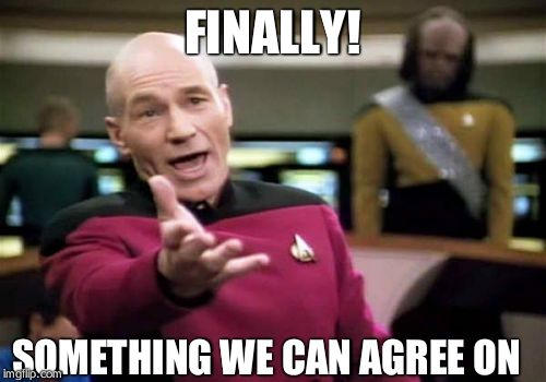 Picard Wtf Meme | FINALLY! SOMETHING WE CAN AGREE ON | image tagged in memes,picard wtf | made w/ Imgflip meme maker