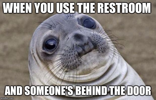 Awkward Moment Sealion | WHEN YOU USE THE RESTROOM AND SOMEONE'S BEHIND THE DOOR | image tagged in memes,awkward moment sealion | made w/ Imgflip meme maker