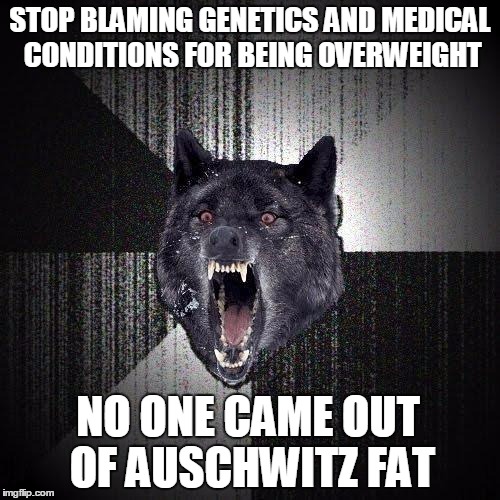 Insanity Wolf | STOP BLAMING GENETICS AND MEDICAL CONDITIONS FOR BEING OVERWEIGHT NO ONE CAME OUT OF
AUSCHWITZ FAT | image tagged in memes,insanity wolf,AdviceAnimals | made w/ Imgflip meme maker