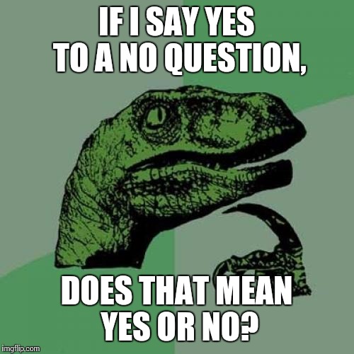 Philosoraptor Meme | IF I SAY YES TO A NO QUESTION, DOES THAT MEAN YES OR NO? | image tagged in memes,philosoraptor | made w/ Imgflip meme maker