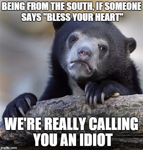 Confession Bear Meme | BEING FROM THE SOUTH, IF SOMEONE SAYS "BLESS YOUR HEART" WE'RE REALLY CALLING YOU AN IDIOT | image tagged in memes,confession bear | made w/ Imgflip meme maker