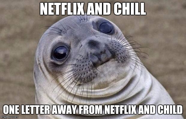 Awkward Moment Sealion | NETFLIX AND CHILL ONE LETTER AWAY FROM NETFLIX AND CHILD | image tagged in memes,awkward moment sealion | made w/ Imgflip meme maker