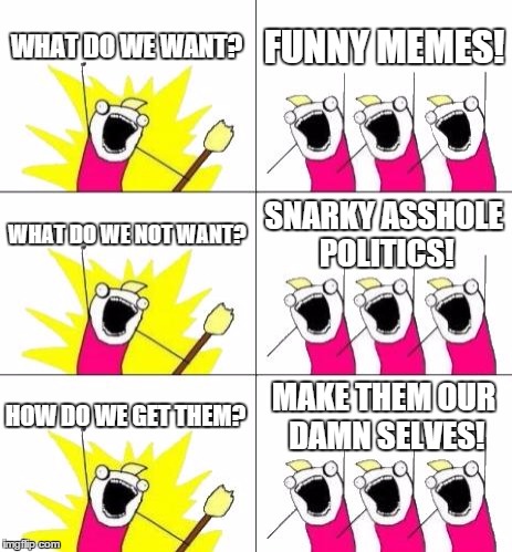 What Do We Want 3 | WHAT DO WE WANT? FUNNY MEMES! WHAT DO WE NOT WANT? SNARKY ASSHOLE POLITICS! HOW DO WE GET THEM? MAKE THEM OUR DAMN SELVES! | image tagged in memes,what do we want 3 | made w/ Imgflip meme maker