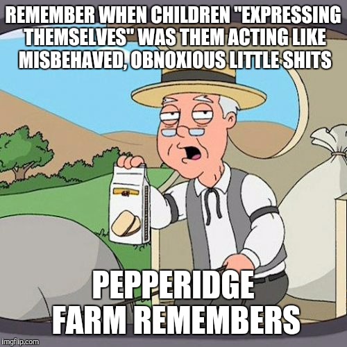 Pepperidge Farm Remembers | REMEMBER WHEN CHILDREN "EXPRESSING THEMSELVES" WAS THEM ACTING LIKE MISBEHAVED, OBNOXIOUS LITTLE SHITS PEPPERIDGE FARM REMEMBERS | image tagged in memes,pepperidge farm remembers | made w/ Imgflip meme maker