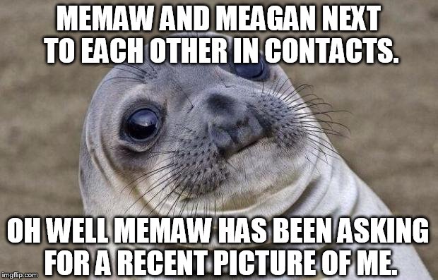 I guess Christmas dinner conversation won't be the same-old-same-old this year.
 | MEMAW AND MEAGAN NEXT TO EACH OTHER IN CONTACTS. OH WELL MEMAW HAS BEEN ASKING FOR A RECENT PICTURE OF ME. | image tagged in memes,awkward moment sealion | made w/ Imgflip meme maker