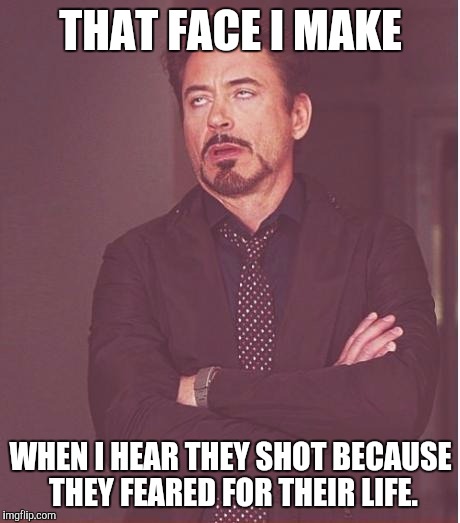Face You Make Robert Downey Jr Meme | THAT FACE I MAKE WHEN I HEAR THEY SHOT BECAUSE THEY FEARED FOR THEIR LIFE. | image tagged in memes,face you make robert downey jr | made w/ Imgflip meme maker