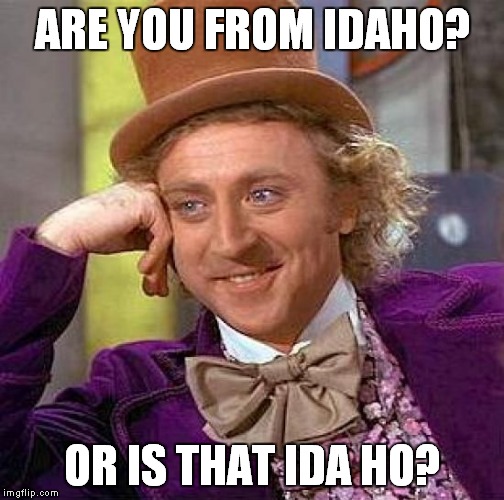 Creepy Condescending Wonka Meme | ARE YOU FROM IDAHO? OR IS THAT IDA HO? | image tagged in memes,creepy condescending wonka | made w/ Imgflip meme maker