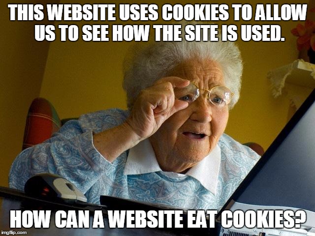 Grandma Finds The Internet | THIS WEBSITE USES COOKIES TO ALLOW US TO SEE HOW THE SITE IS USED. HOW CAN A WEBSITE EAT COOKIES? | image tagged in memes,grandma finds the internet | made w/ Imgflip meme maker
