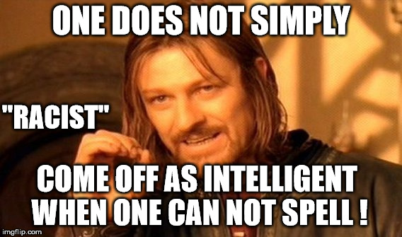 One Does Not Simply Meme | ONE DOES NOT SIMPLY COME OFF AS INTELLIGENT WHEN ONE CAN NOT SPELL ! "RACIST" | image tagged in memes,one does not simply | made w/ Imgflip meme maker