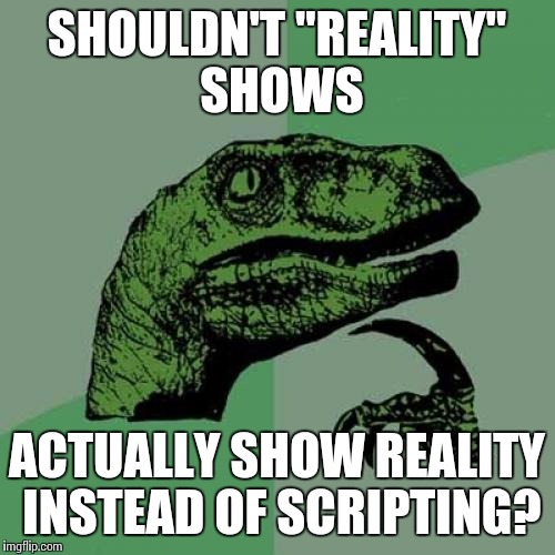 Philosoraptor | SHOULDN'T "REALITY" SHOWS ACTUALLY SHOW REALITY INSTEAD OF SCRIPTING? | image tagged in memes,philosoraptor | made w/ Imgflip meme maker