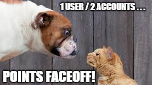 Mayhem! When someone suggests a flipper make two accounts! | 1 USER / 2 ACCOUNTS . . . POINTS FACEOFF! | image tagged in dog cat staredown,dog,cat | made w/ Imgflip meme maker